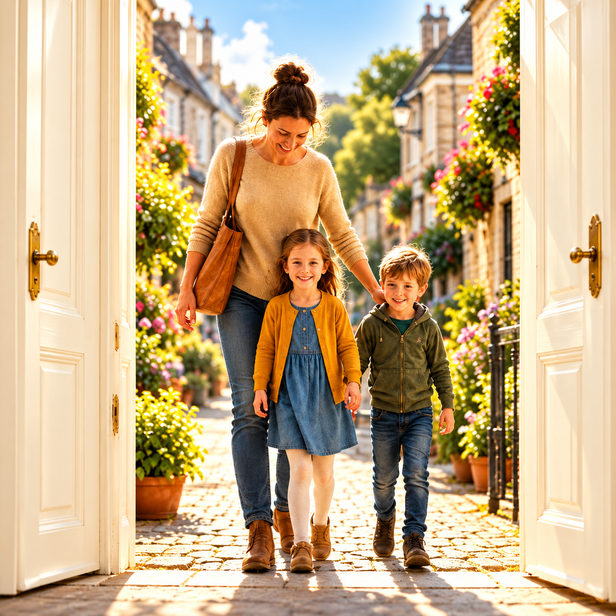 A mother and two children walking through open doors