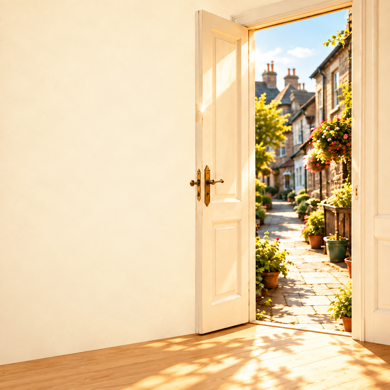 An open white door leading to a flower-lined street