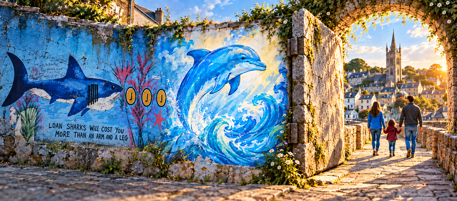 St Austell’s loan shark mural, a dolphin, an open stone door and a family walking toward the town