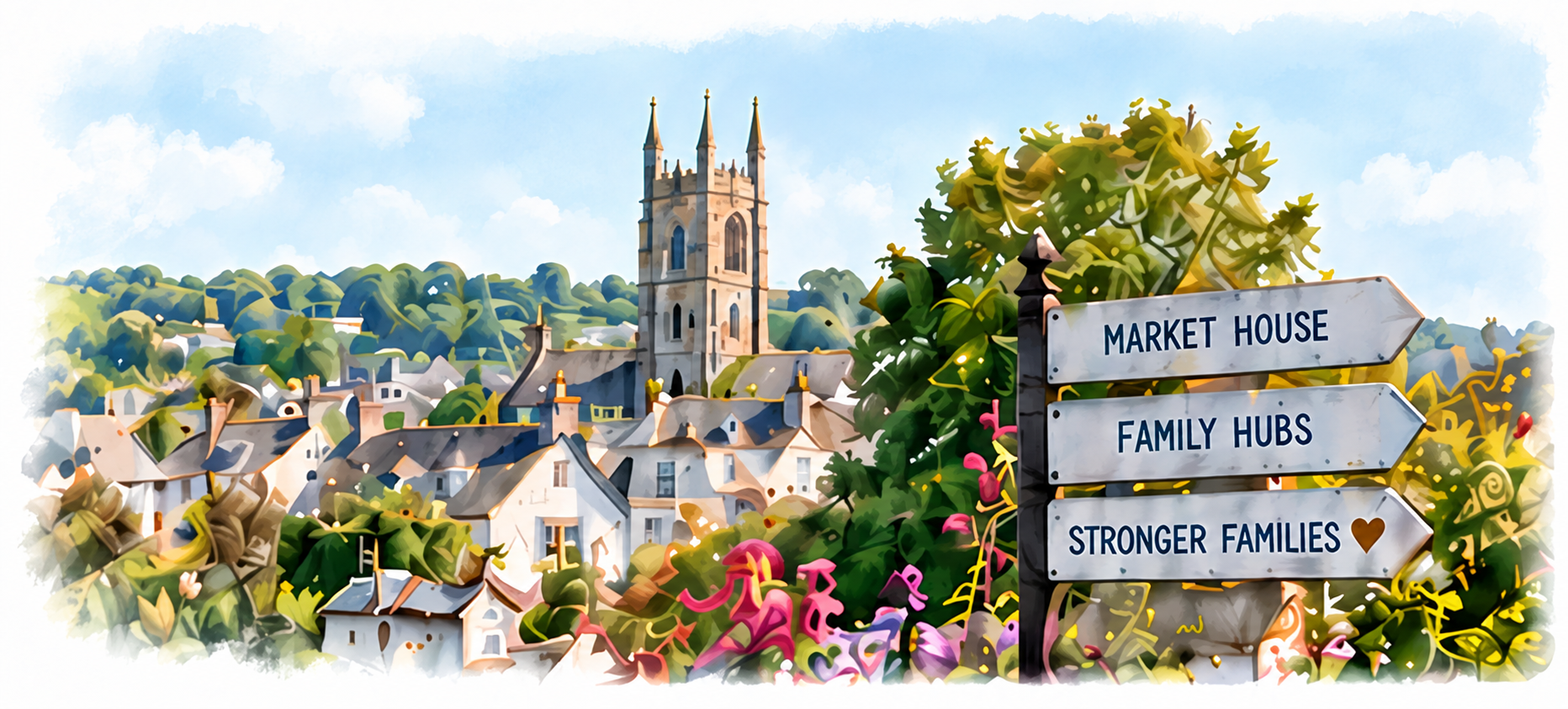 White St Austell houses, church, floral foreground and three direction signs