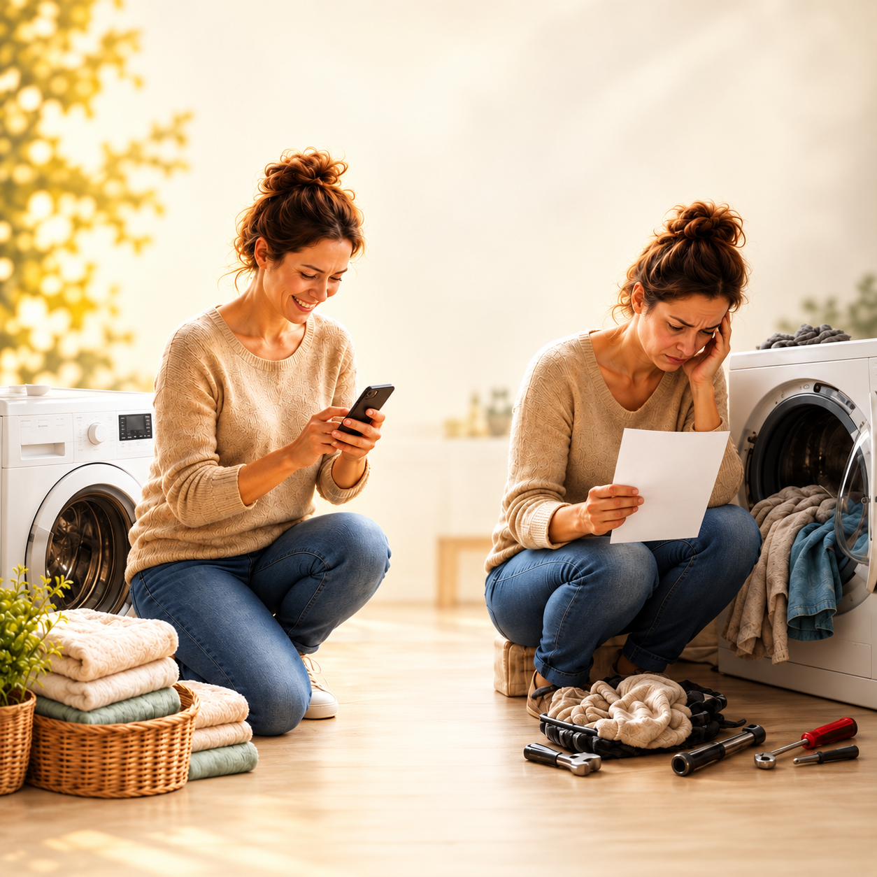 Two women experience different choices beside their washing machines